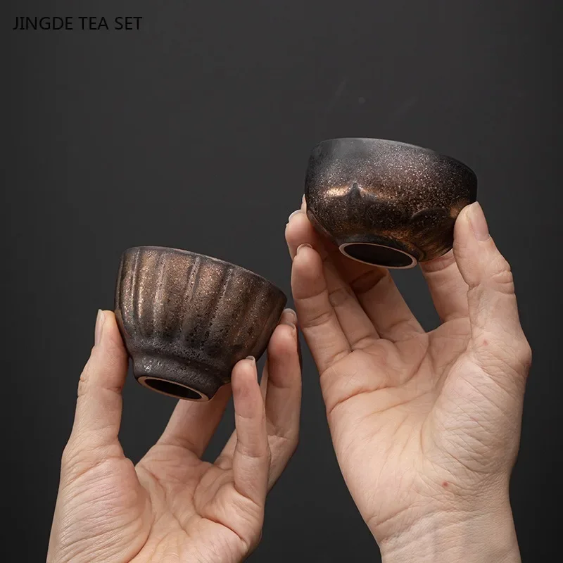 1PCS Japanese style gold-plated hand carved ceramic tea cup retro iron glazed tea cup Zen Master Cup ceramic tea set accessories
