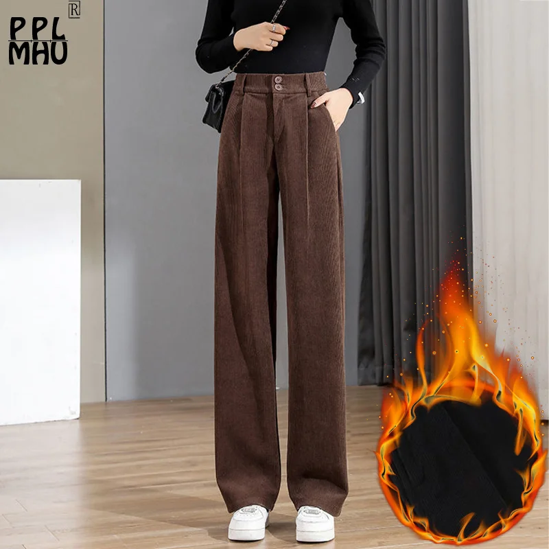 

Vintage Plus Velvet Wide Leg Pants Women Winter Thick High Waist Corduroy Pantalones 93cm Ankle Length Warm Brown Baggy Trousers