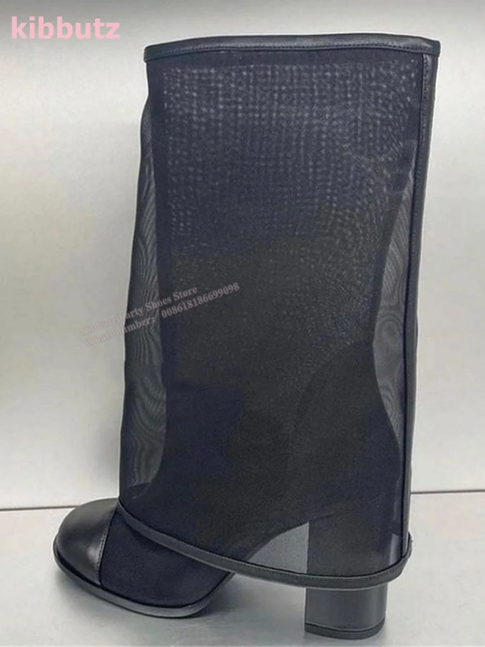 Mesh Knee-High Boots Round Toe Square Heel Patent Leather Solid Black Slip-On Sexy Luxury Fashion Super High Shoes 2023 Newest