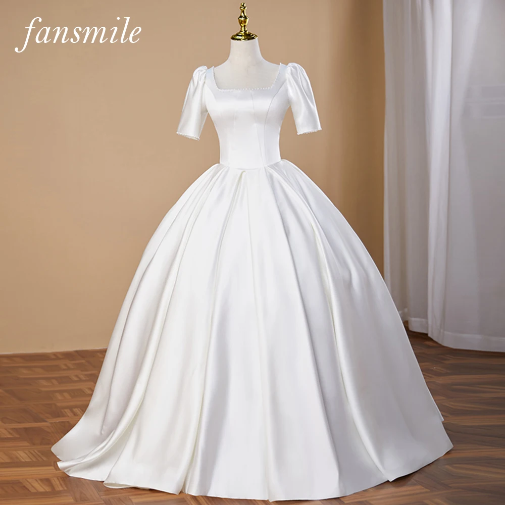 

Fansmile New Short Sleeve Vestidos de Novia Satin Ball Gown Wedding Dress 2023 Vintage Lace Bridal Dress FSM-246F