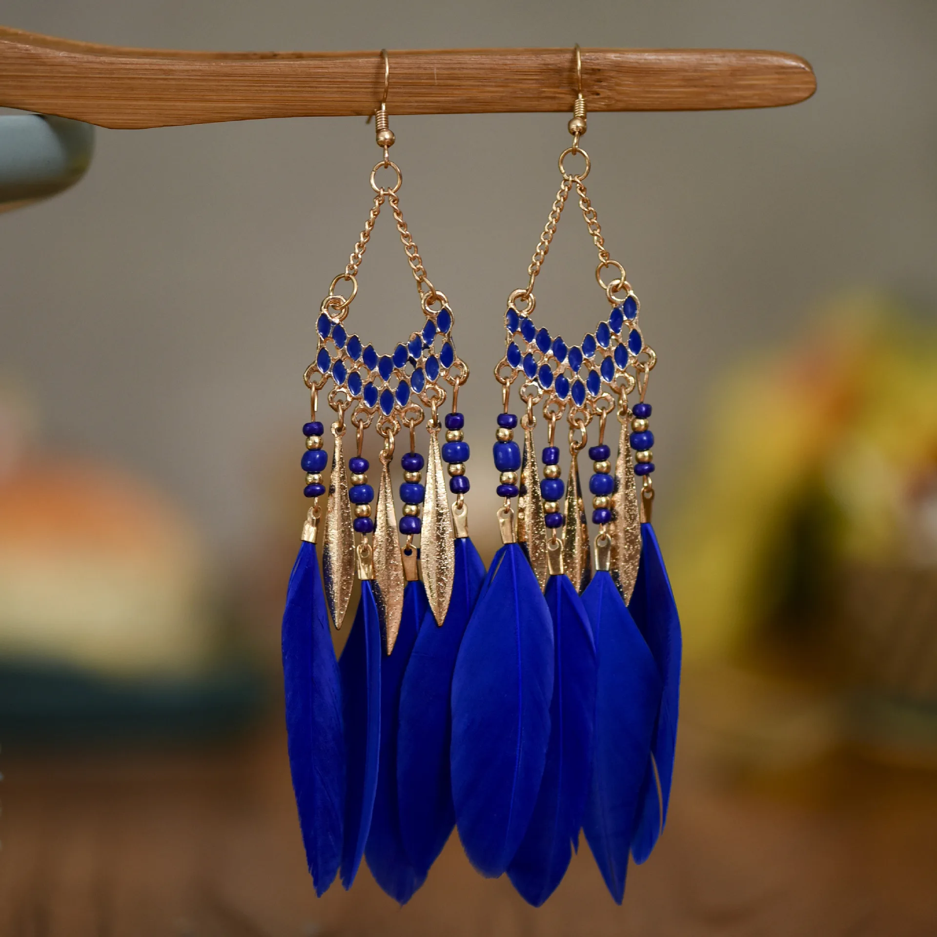 Multi color long tassel style feather shaped women's earrings, Bohemian ethnic style women's earrings, fashionable daily wear jewelry accessories