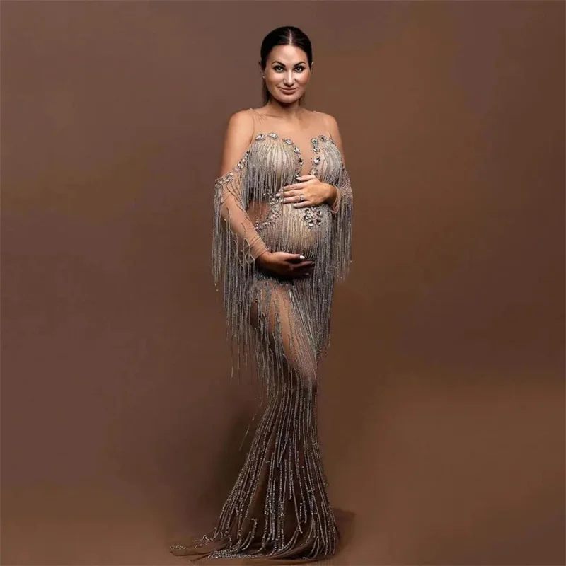 2021 new pregnant women shooting photo lace dresses pregnant women open lace mopping dresses maternity dresses New Arrivals Blingbling Diamond Tassels Maternity Dresses Pregnant Women Party Plus Size One-pieces