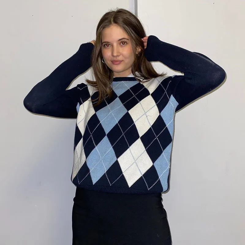 

2021 Y2k Indie Spring Autumn New Long Sleeve Tops Argyle Cottagecore Knit Pullovers Women Fashion O Neck Slim Casual Sweatshirts