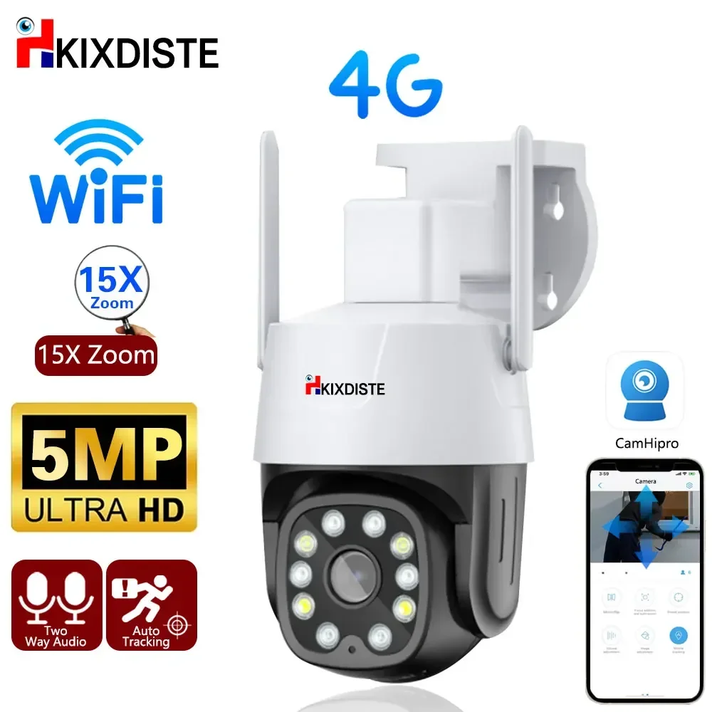 

5MP WiFi&4G Camera 15X PTZ Zoom Security Surveillance IP Camera Wi-Fi CCTV Human Motion Tracking Color Night Vision CamHipro Cam