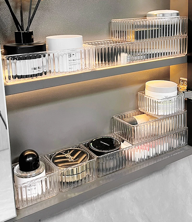 Plastic Transparent Cosmetics Storage Boxes Set Stackable Vanity Bathroom Makeup Organizer Bin Desktop Drawer Organizer 6
