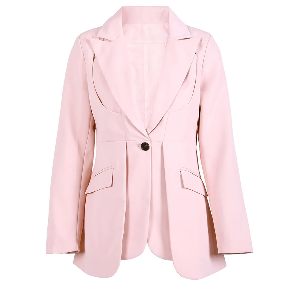 

SuperAen Autumn New European and American Style Design Layered Coat Pink Lapel Collar Single Buckle Blazer