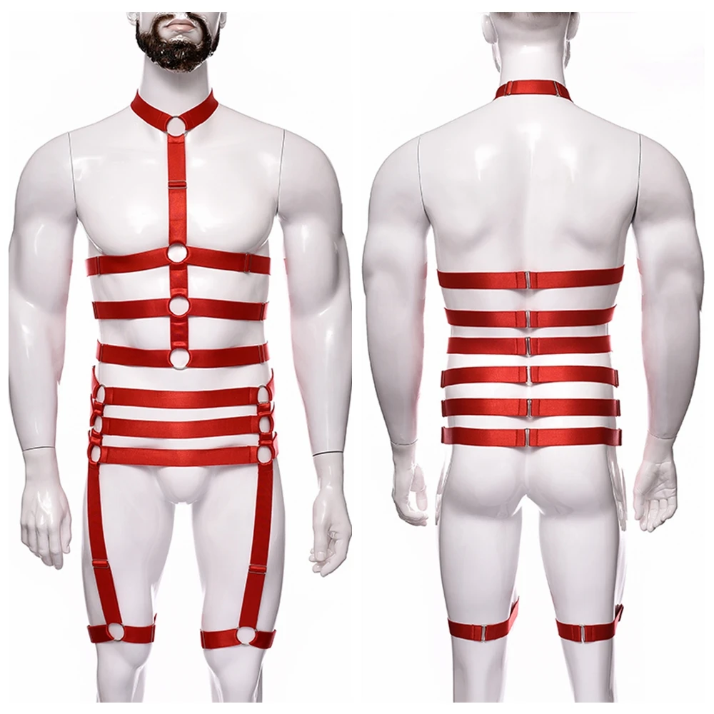 Men Red Harness Garter Male Lingerie Chest Rope Jockstrap High Waist Adjustable Leg Garter Straps Costume Clubwear Body Harness