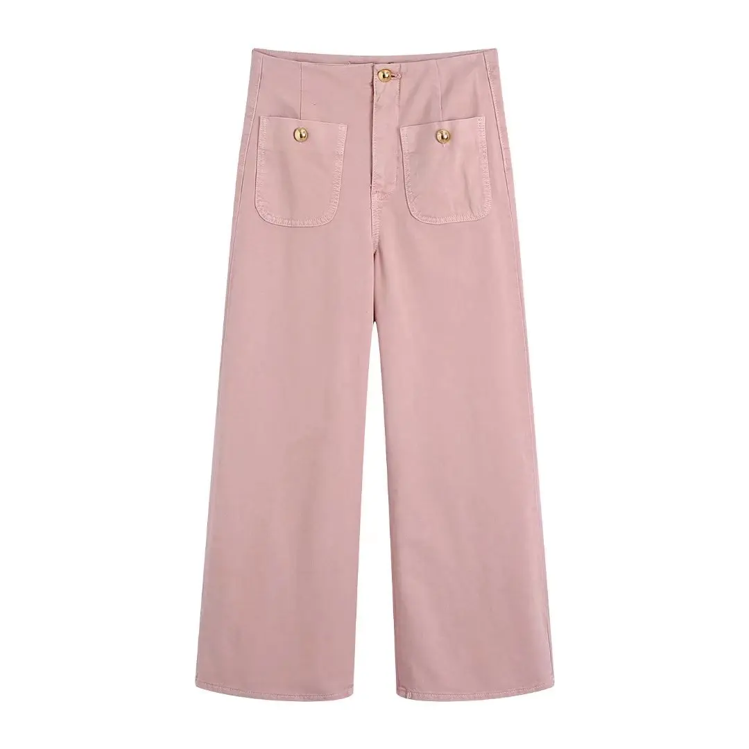 Spring 2022 Women Gold Button Decoration Wide Leg Ankle Jeans High Waist Pockets Female Denim Pants BB22196 patchwork jeans Jeans