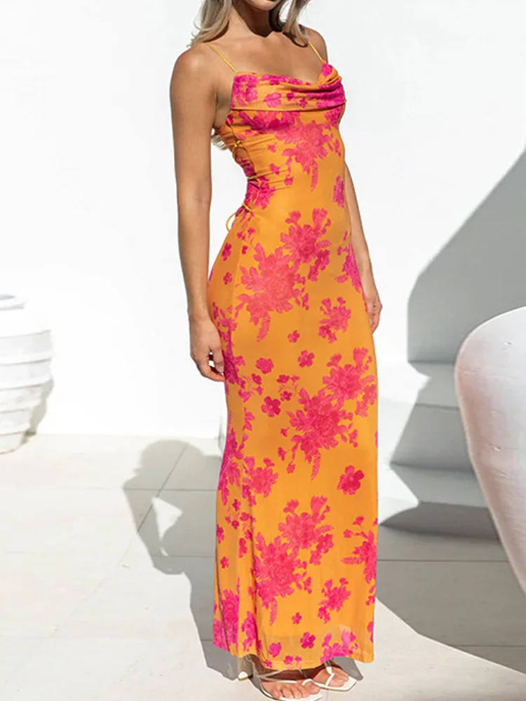New Fashion Women's U-Neck Floral Printing Suspender Dress Sexy Summer Elegant Women's  Backless Lace-Up Bodycon Maxi Dress