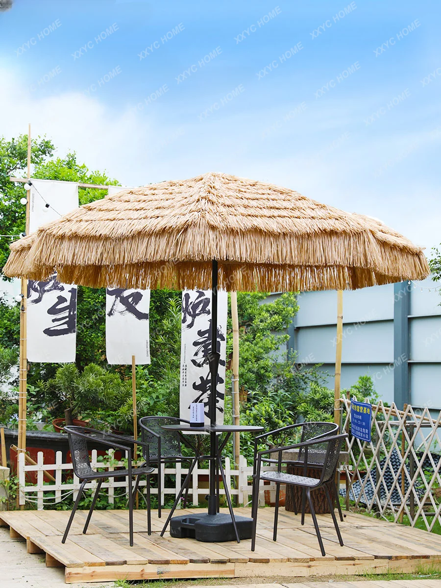 

Outdoor Sunshade Patio Umbrella Garden Sun Umbrella Simulation Thatch Middle Column Table and Chair with Umbrella Outdoor