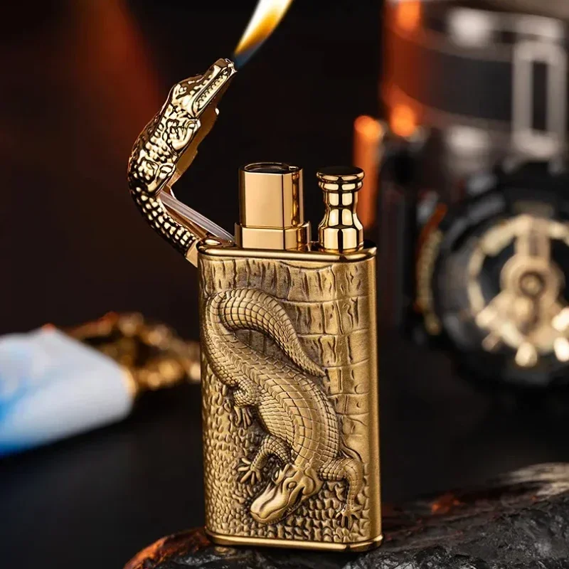 Creative 3D Embossed Crocodile Double Fire Lighter Metal Windproof Jet Fire Open Flame Convertible Gas Lighter Gift butane gas lighter cigarette lighter