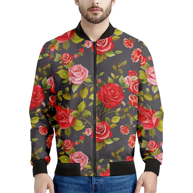 thumbnail image 1 of Chaqueta con cremallera y estampado de flores de rosas para hombre, abrigo con estampado floral en 3D de plantas, chaquetas informales de gran tamaño, ropa de calle, mangas largas, 1 of 4