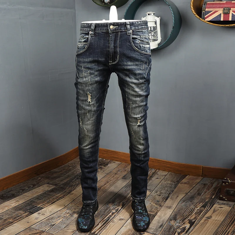 Newly Designer Fashion Men Jeans High Quality Retro Black Blue Stretch Slim Fit Ripped Jeans Men Spliced Vintage Denim Pants