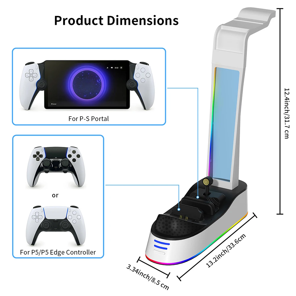 PS5 용 컨트롤러 충전기 도크, 플레이 스테이션 5 용 포털 충전 스탠드 스테이션, 헤드셋 포함, 거치대 RGB 라이트 충전 표시기