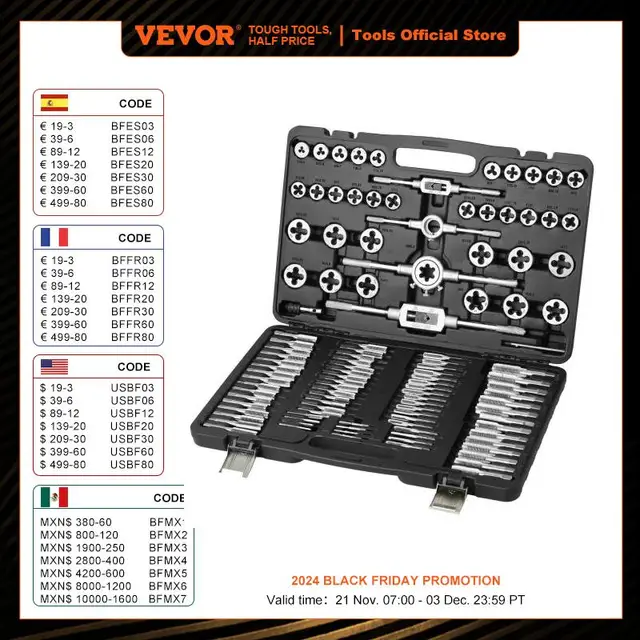 VEVOR Tap and Die Set 40PCs 60PCs 80PCs 110/116PCs Metric or SAE Standard Bearing Steel Taps and Dies Essential Threading Tool 1
