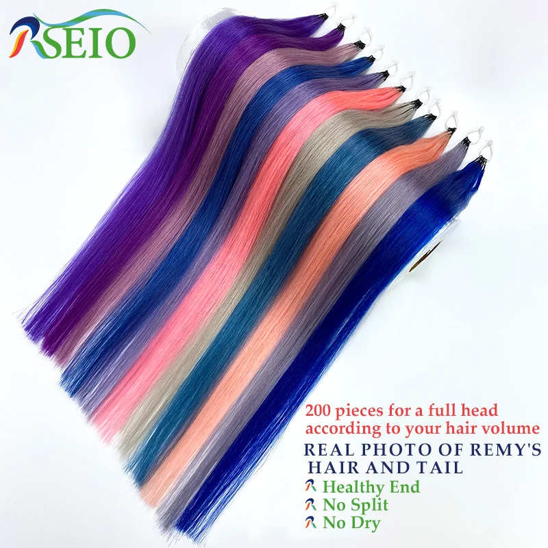 RESIO Color Feather hair extensions Straight 100% Real Human Microring Hair Extensions Color Purple Blue Pink Gray 18-20inch