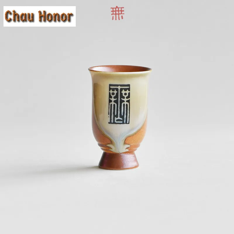 3pc/set Creative High Footed Wordless Small Wine Cup Coarse Pottery Fragrance Tasting Teacup Small High Foot Tea Bowl Gift 75ml