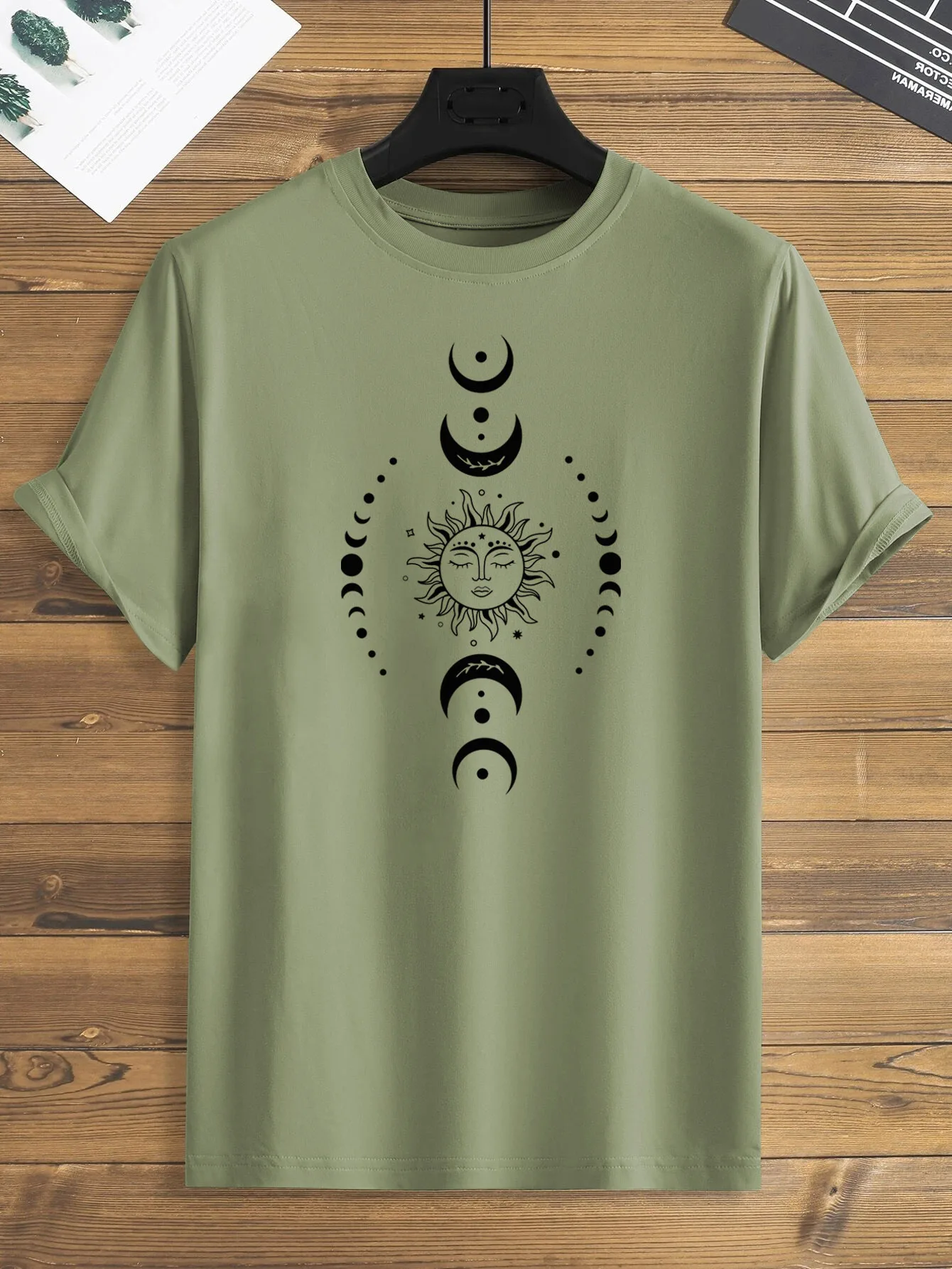 T-shirt imprimé soleil et lune pour décontracté, col rond, manches courtes, mode été, hauts, tenues pour hommes_voghion.com