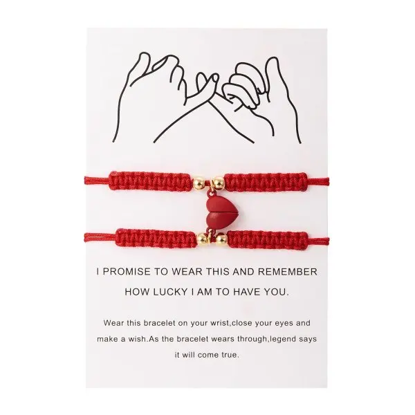 Bracelet porte-bonheur en corde tressée rouge, 2 pièces, pour femmes et hommes, cœur romantique, magnétique, assorti, bijoux pour amoureux de la saint-valentin