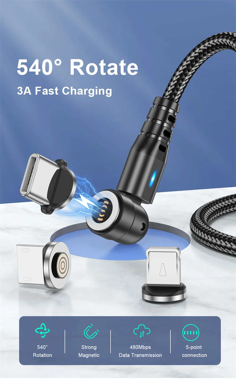 USLION 540 Rotate 3A Magnetic Cable Fast Charging Micro USB Type C Cable For iPhone Xiaomi Samsung Charger Wire Cord USB Cable