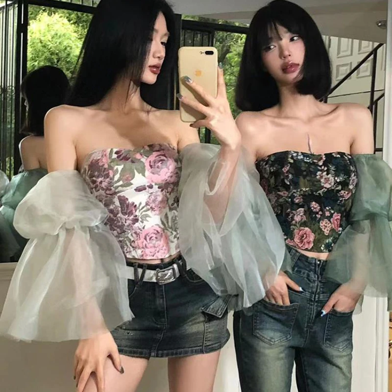 

Retro Women Floral Square Collar Bra Vest Shirts Summer Sexy Slim Fit Spicy Girl Backless Blouses Mesh Bubble Sleeved Tanks Tops