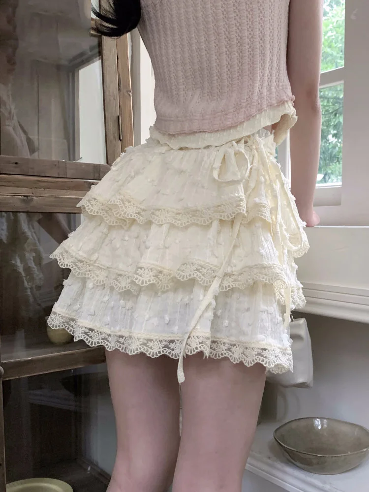 

Kawaii Sweet Skirts Women 2023 Faldas Mujer De Moda High Waist Bandage Slim Summer Jupe Lace Ruffles Fashion Patchwork Y2k Skirt
