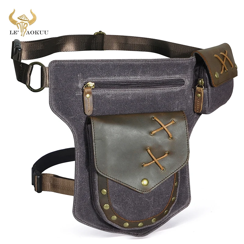 brown Leaokuu Mens Genuine Leather Mini Messenger Shoulder Bag Pouch Hook Waist Bag Pack 