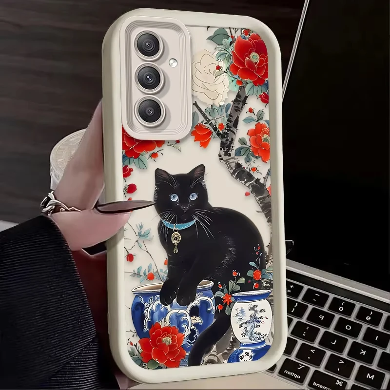 Artistic Black Cat Flower Design Phone Case