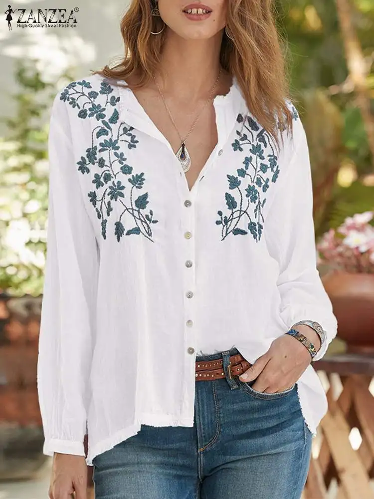 Embroidery Ladies White Shirts Elegant Embroidery Women Shirt