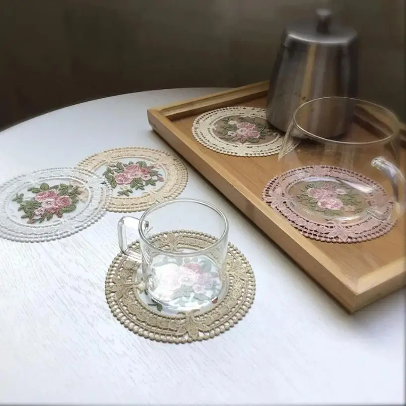 Lace Idyllic Retro French Embroidered Placemat Coasters Romantic Ins Style Cloth Art Table Kitchen Decoration Small Tablecloth