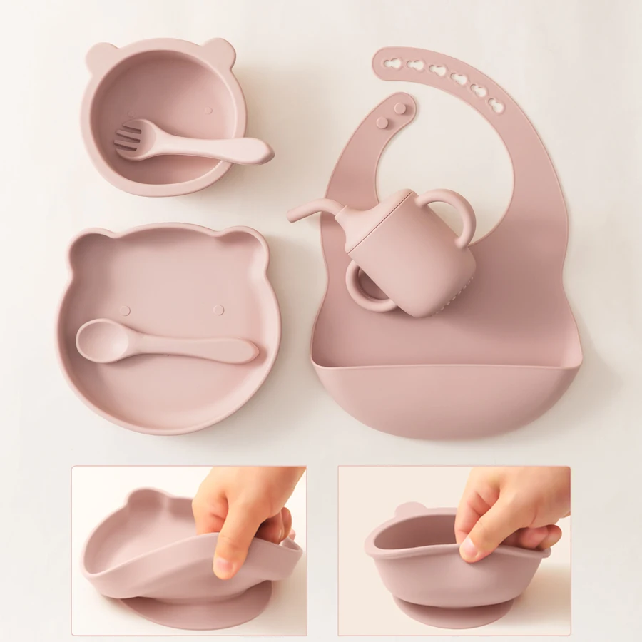 Silicone Baby Dinner Set 6PCS Adjustable Bib Cartoon Bear Shape Bowl Plate Portable Cup Soft Utensils Tableware Sets for Baby