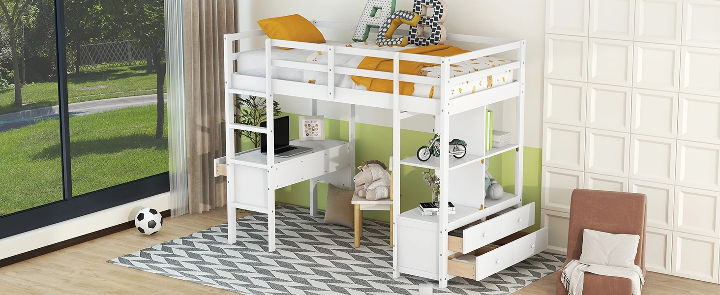 Twin Size Loft Bed with Built-in Desk with Two Drawers, and Storage Shelves and Drawers,White 6