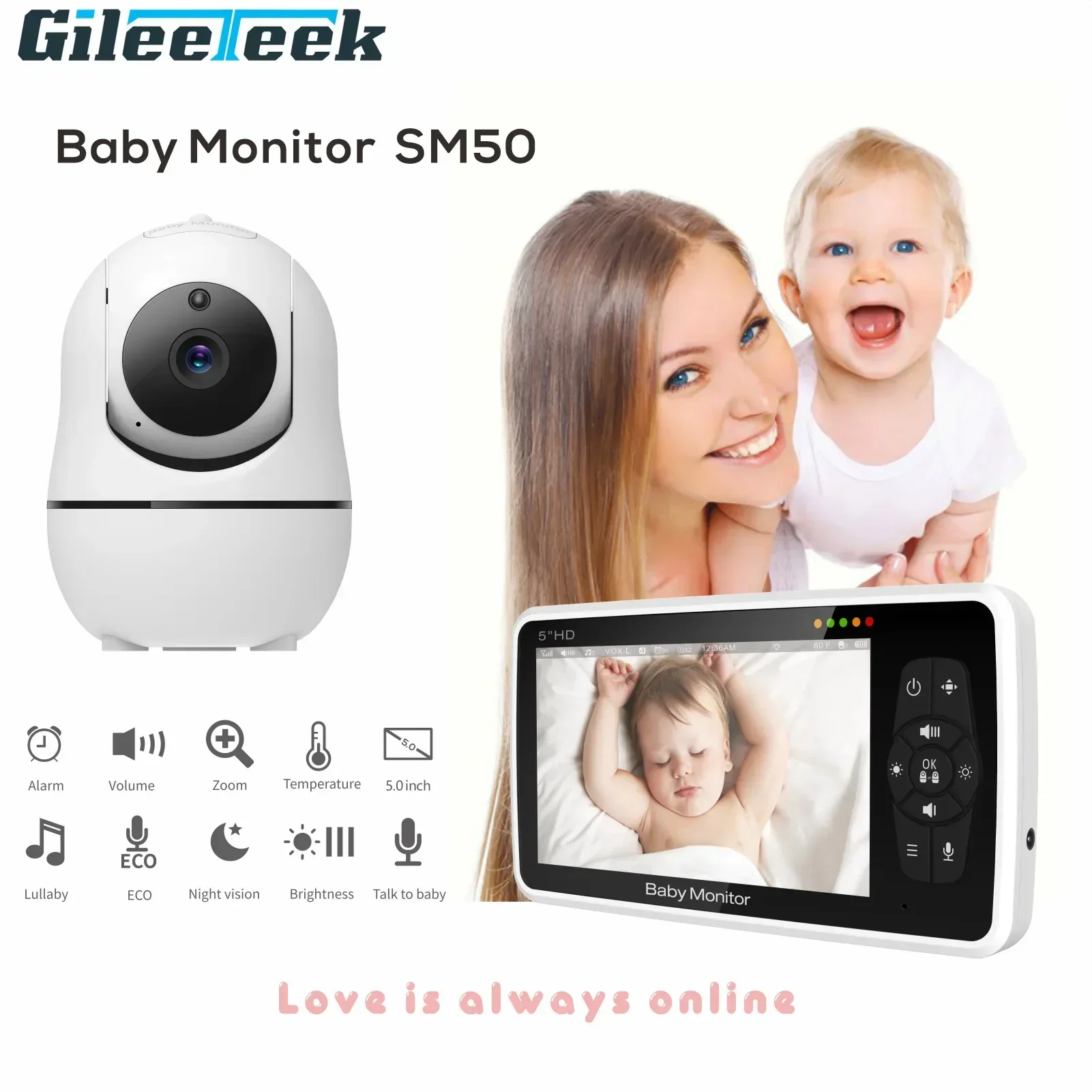 Sm50 5 Pollici Baby Monitor Wireless Con Telecamera Audio 4X Zoom 22 Ore Batteria Visione Notturna Citofono Sensore Di Temperatura A 2 Vie Ninna Nanna
