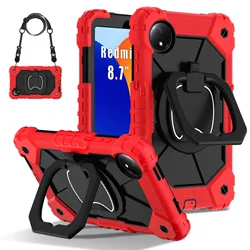 Durable Shockproof Tablet Cover with 360° Rotating Stand & Shoulder Straps for Redmi Pad SE 8.7inch (Red black SP)