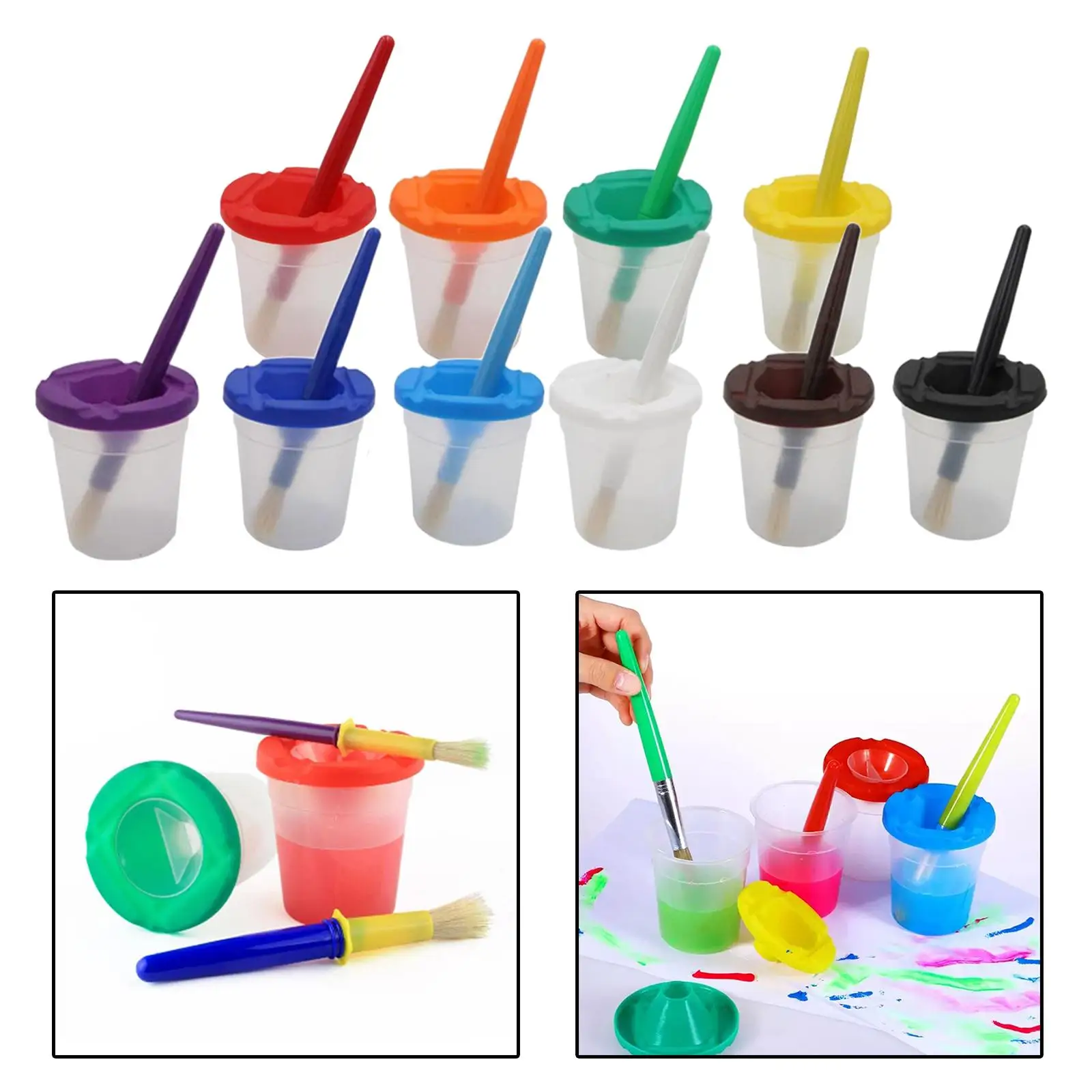 Childrens Paint Cups 10 Pieces with Lids Paint Cups Set and Brushes anti for Toddlers painting brushes paint cups