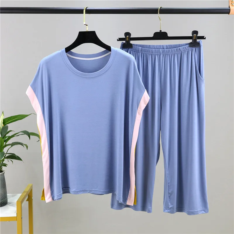 Casual Short Sleeve Cropped Pant Suit Summer Loose Home Clothes For Women Nightwear Pajamas Set Matching Color Sleepwear Pijamas