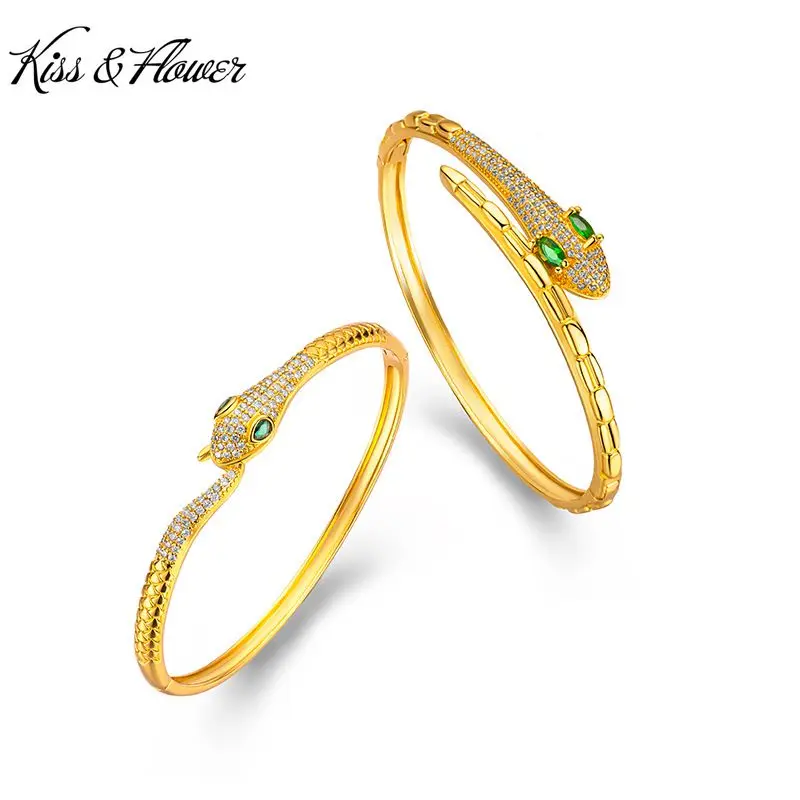 KISS&FLOWER BR309 Fine Jewelry Party Birthday Wedding Christmas Gift Snake 24KT Gold Bracelet Bangle for Women Girlfriend Bride
