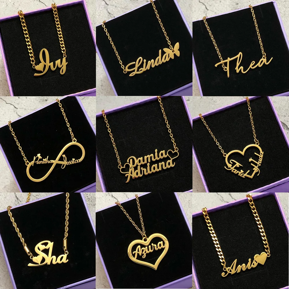 Personalized Custom Name Necklace With Heart Butterfly Gold Color Stainless Steel Chain Handmade Nameplate Jewelry Best Gifts