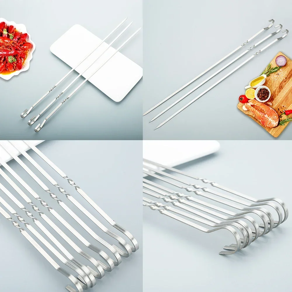 BBQ Fork 10pcs BBQ Utensil Outdoor Camping Picnic Wide Sticks Stainless Steel Barbecue Skewer Reusable Grill Sticks