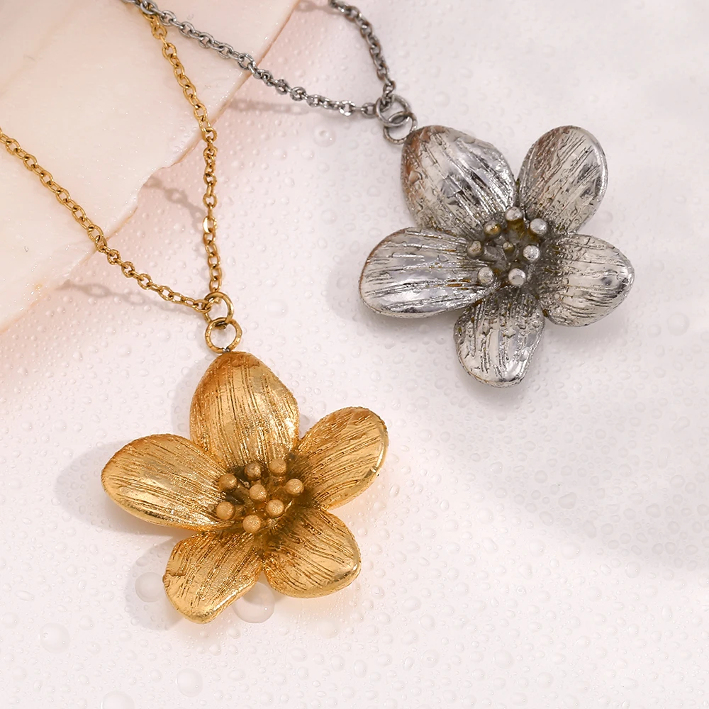 Sbdc87de8758f482e95bde1c250c2fcbcs Gold/Silver Color Five Petals Flower Pendant Necklace 18K Gold Plated Stainless Steel Jewelry Necklace For Women Girls Mallzona