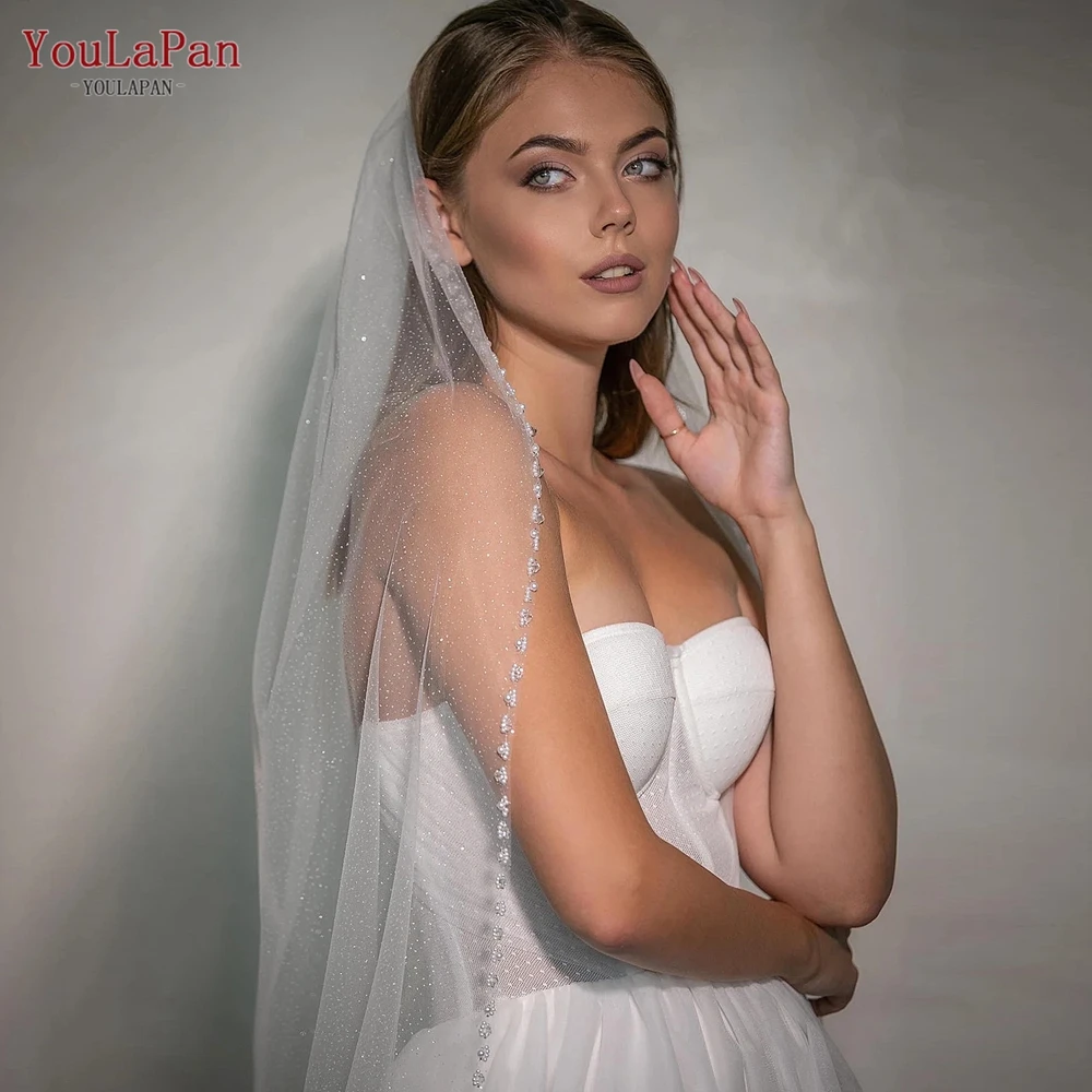 

YouLaPan V179 Sequins Wedding Veil with Crystal Edge Bling Bridal Veil with Partial Trim 1 Tier Pearls Beaded Edge Veil