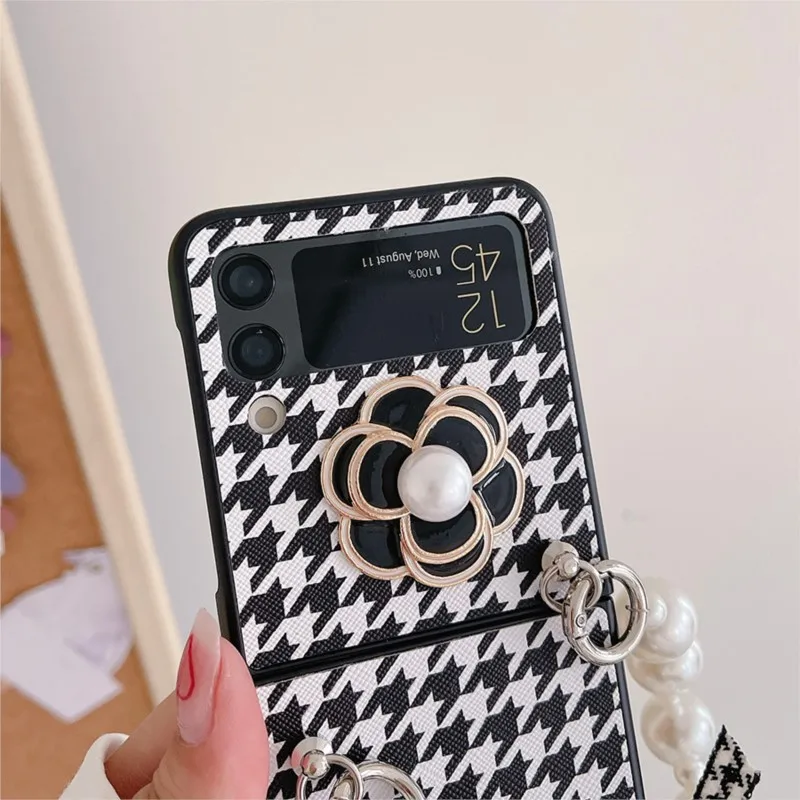 3D Camellia PU Leather Houndstooth Pattern Phone Cover For Samsung