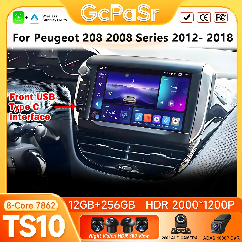Radio para Auto con Carplay, Navegación GPS, Estéreo Android Auto, Pantalla con Bluetooth, Autoradio BT para Peugeot 208 Serie 2008 2012-2018 1