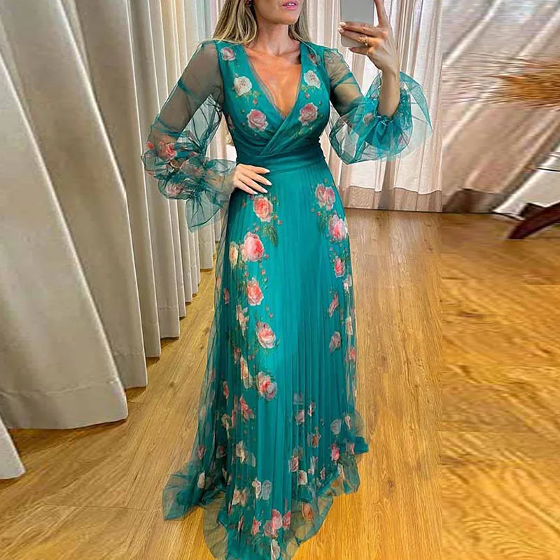 

Autumn Fashion Flower Print Long Sleeve Dress Casual Patchwork Pleated Evening Dresses 2023 Elegant Lady V-neck Waist Mesh Dress