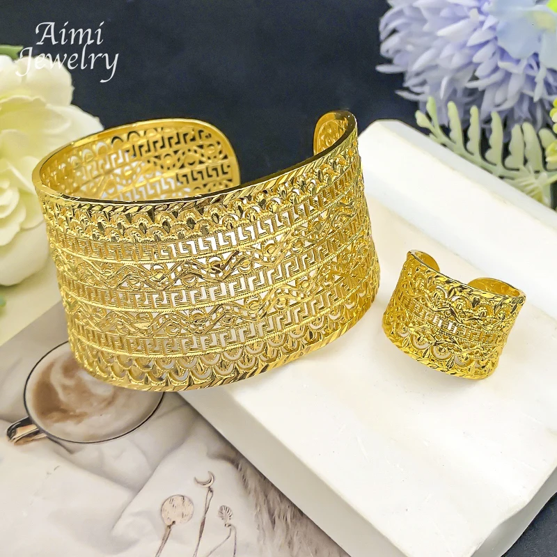 Manschetten-Armreif-Schmuck, hohl, 18 Karat vergoldet, Schmuckset für Frauen, Luxus-Muster, Armband, Ring, afrikanische Braut-Hochzeitsgeschenke – Detail 12