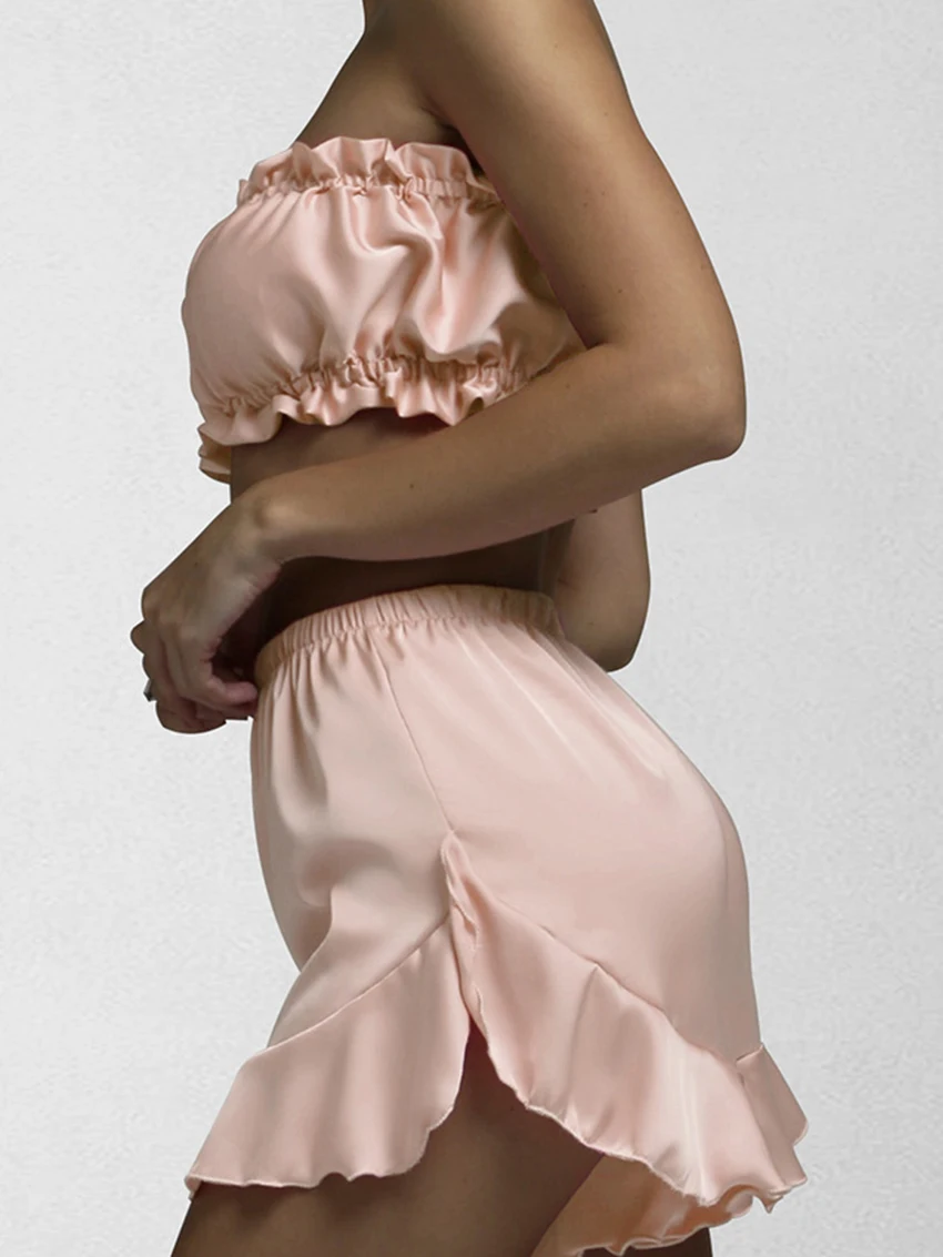 Marthaqiqi Pink Summer Casual Female Pajama Suit Sexy Strapless Sleepwear Backless Crop Top Nightgowns Shorts Home Clothes Women