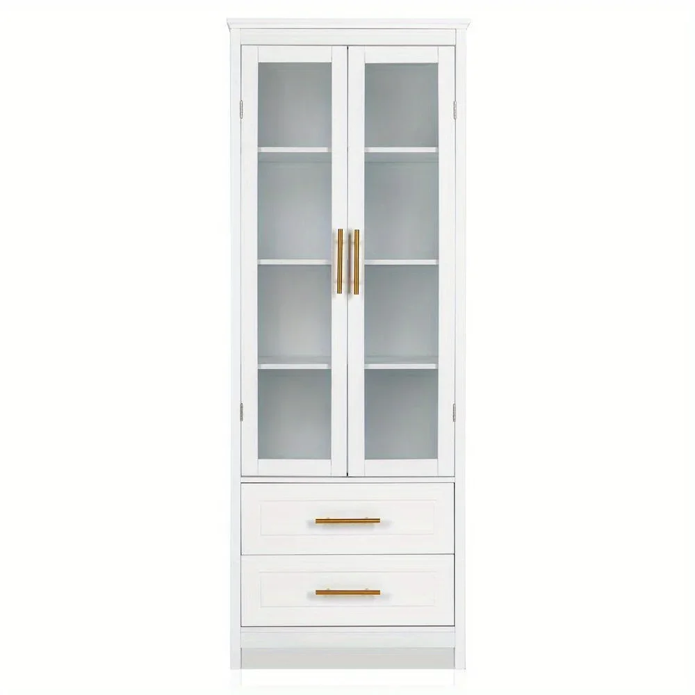 Glass Door Display Cabinet Floor Standing w/ 2 Drawer Storage Cabinet Bookshelf