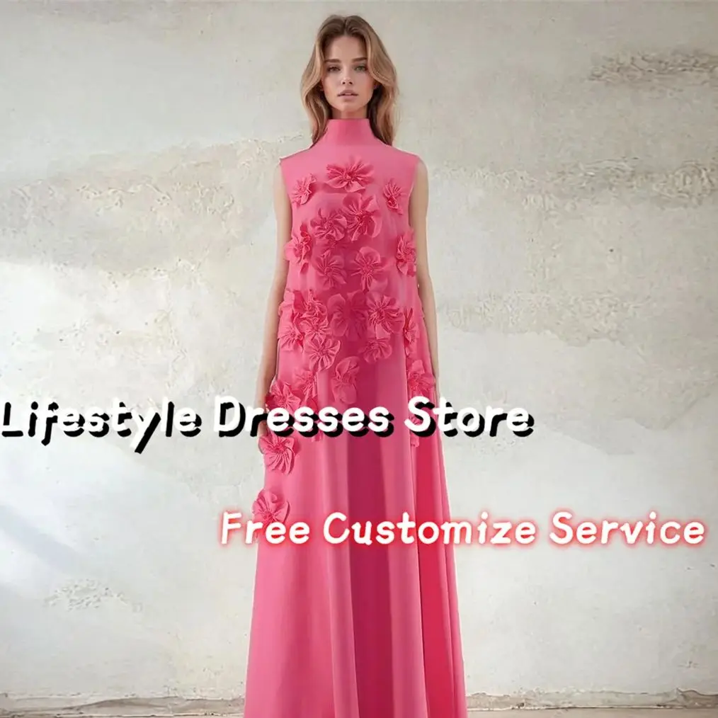 

High Neck Pink Flowers Evening Dress 2024 Sleeveless Ankle-length Party Dress Elegant Wedding Prom Gown