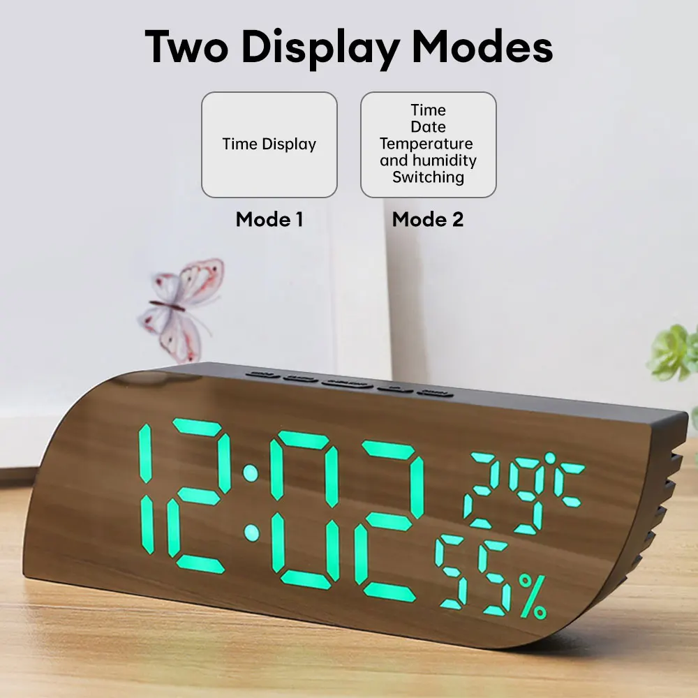 Digital Alarm Clock Temperature Humidity Date Mirror Clock Unlimited Snooze Table Clock 12/24H Night Mode Clock USB AAA Powered 4