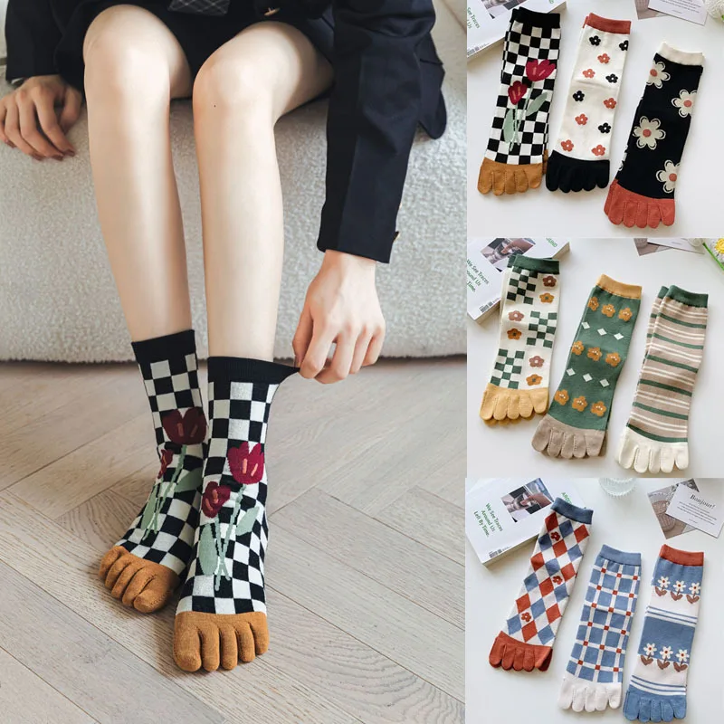 1 Paar Damen-Socken mit fünf Zehen und geteilten Zehen, bunte Tulpenblumen, weiche Baumwolle, Mädchen-Fünf-Finger-Mittelrohrsocken, Outdoor-Sportsocken